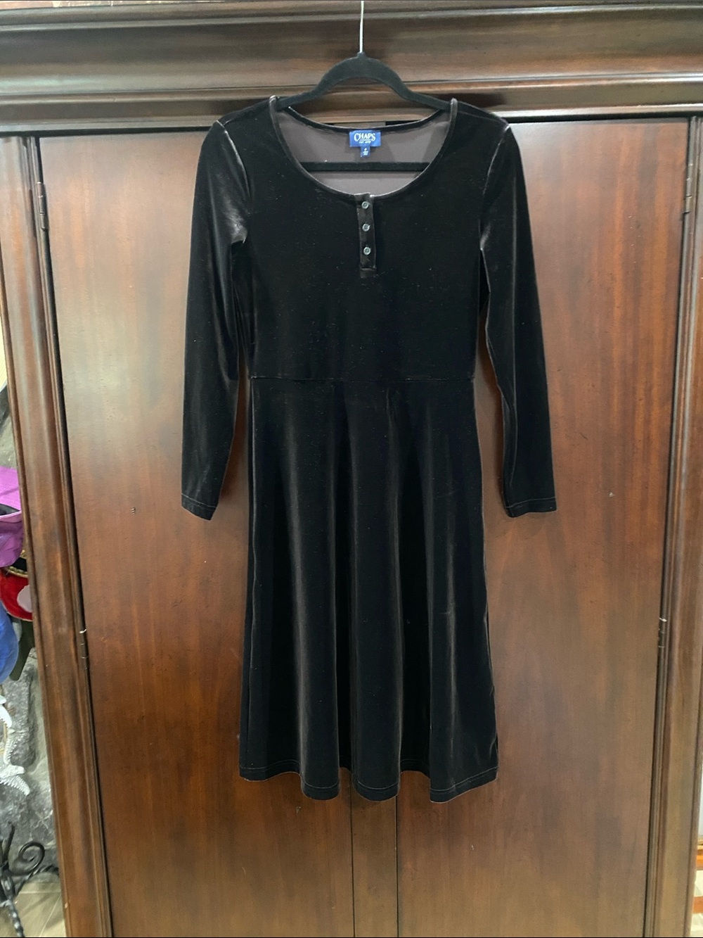 Chaps Black Velvet Long-Sleeve Scoop-Neck Dress